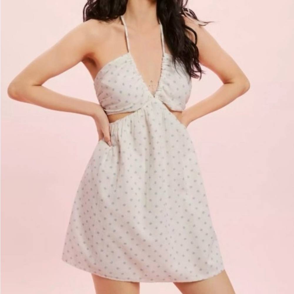 American Eagle Outfitters White Ruched Mini Cut-Out Halter Dress